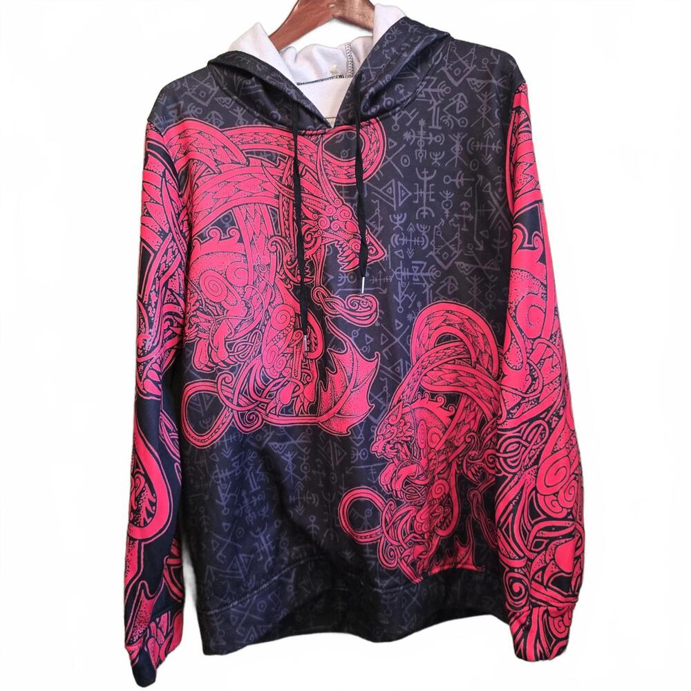 3XL Men's Black and Neon Red Graphic Hoodie